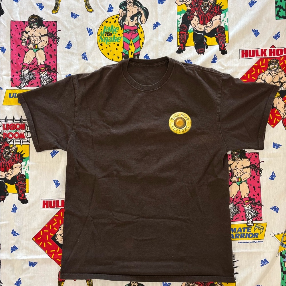 Brown and Yellow Buck Wear Get Some Bullet Short Sleeve Crewneck Men's Size M/L
